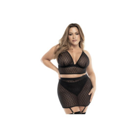 Soutien-gorge, string et jupe, grande taille, résille noire 